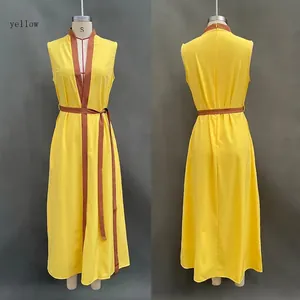 Front and back detail view of a yellow and brown sleeveless color-blocked casual maxi dress for women