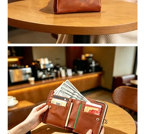 Detailed interior view of vintage brown leather women's short wallet with card slots