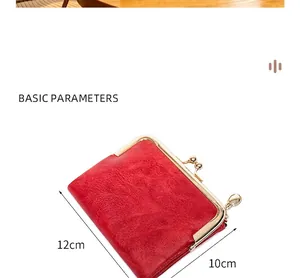 Detailed view of red retro kiss-lock coin purse showing 12cm and 10cm size parameters