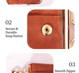 Detailed views showing the secure metal snap button and smooth zipper of this brown wallet