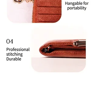 Detailed close-up showing professional stitching and kiss lock clasp on a brown retro coin purse.