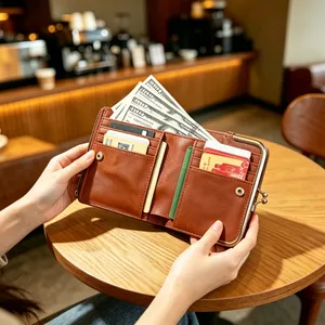 Vintage brown leather women's short wallet with kiss-lock coin pocket and card slots