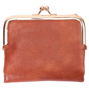 Vintage brown leather kiss-lock coin purse featuring an elegant gold-tone clasp