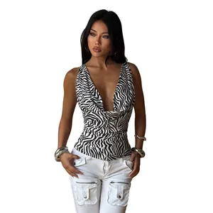 Top sexy sans manches pour femme avec col en V profond et imprimé zèbre tendance