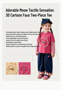 Detail der 3D-Cartoon-Katzenstickerei auf pinkfarbenem Kinder-Langarm-T-Shirt in Lagenoptik