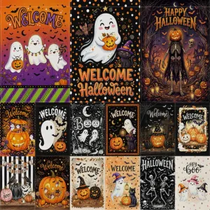 A collection of various Halloween garden flags with double-sided pumpkin and ghost prints.