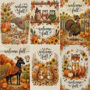 Set of six festive autumn garden flags featuring cute forest animals and pumpkins