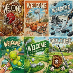 Detailed preview of sports-themed garden flags including football and basketball designs