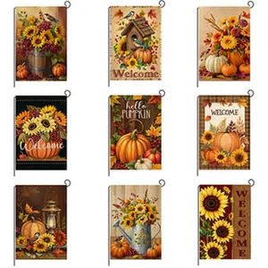 Assorted set of nine double-sided autumn garden flags with sunflower and pumpkin motifs