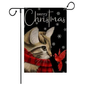 Festive Christmas garden flag featuring a cute kitten in a scarf and a red bird