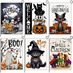 Set of six Halloween garden flags featuring black cats, ghosts, pumpkins and spooky text