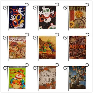 Set of nine decorative double-sided linen garden flags with Halloween and autumn themes