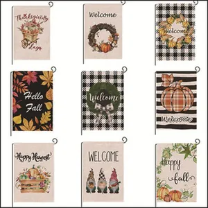 Decorative double-sided linen garden flags featuring autumn pumpkins and gnomes patterns