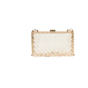 Elegant transparent acrylic box clutch with chevron pattern and gold chain strap