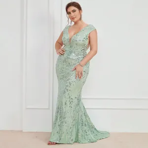 Elegante abito da sera a sirena verde menta con scollo a V senza maniche e paillettes