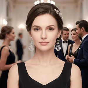 Elegant bridal rhinestone drop earrings worn by a model in a formal party setting