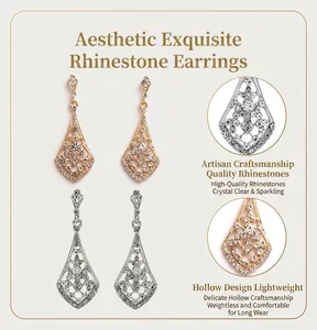 Macro view showing the intricate hollow filigree and rhinestones on the drop earrings.
