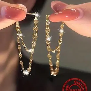 925 Sterling Silver Double Layer Chain Tassel Stud Earrings Dainty Minimalist Long Drop Earrings For Women Fashion Jewelry