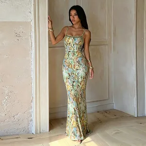 Elegant abstract print maxi camisole dress with sequin neckline detail for summer beach