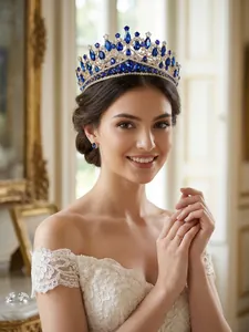 Elegant vintage queen tiara with blue rhinestones worn by a bride in a regal room.