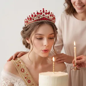 Elegant bride wearing a luxury red rhinestone crown while blowing birthday candles