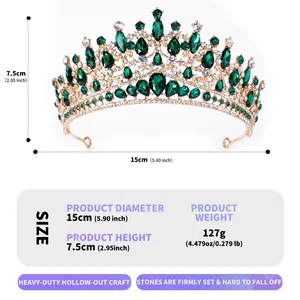 Detailed dimensions and weight of this emerald green rhinestone bridal tiara crown