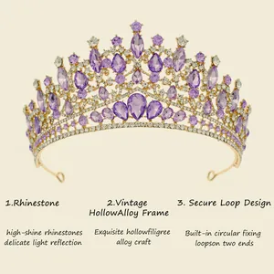 Detail showing purple rhinestones and vintage hollow alloy frame of the bridal crown.