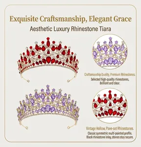 Detailed views of high-quality vintage luxury rhinestone tiaras in red and purple