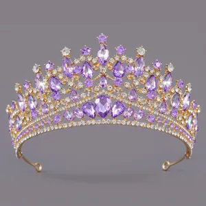 Elegant purple rhinestone queen crown bridal tiara for retro wedding dresses