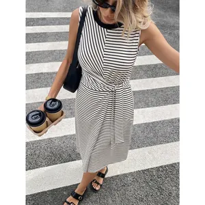 Plus Size Damen Gestreiftes Ärmelloses Midi-Kleid Rundhalsausschnitt Taillenknoten Elegant Lässig A-Linie Sommerkleid