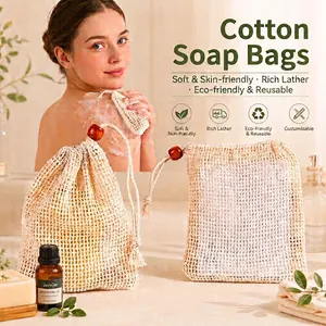Sacchetto Per Sapone In Cotone E Lino Naturale Rete Per Schiuma Con Perla In Legno Per Doccia