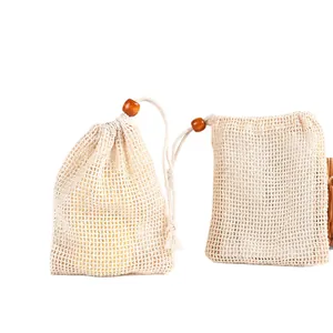 Sacchetti per sapone in rete di juta naturale con coulisse e perline in legno decor