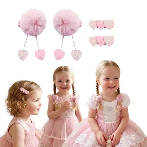 Barrettes à Cheveux Roses Enfants Pompon Cœur Retro Hanfu Peluche Paillettes Forme de Cœur Pinces Douce Filles Accessoires