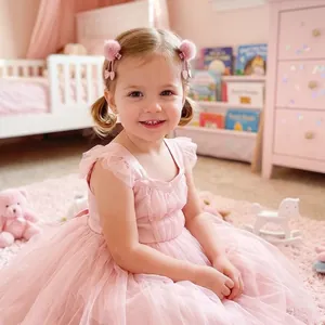 Mignonne petite fille avec des barrettes pompons roses et cœurs pailletés dans sa chambre