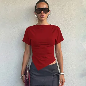 Stylish slim fit dark red short sleeve T-shirt with unique asymmetric V-hem design.