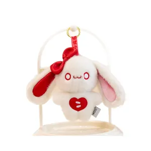 Adorable white rabbit plush keychain with red bow and heart embroidery for bags