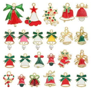 Colorful enamel Christmas charms set including bells and trees for DIY jewelry making.