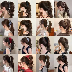 Collage of diverse Korean-style hair claws and clips for high ponytail hairstyles.