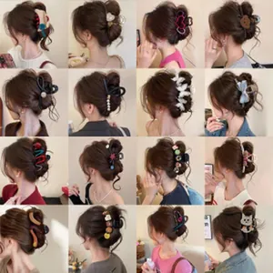 Collage of 16 Korean style hair claw clips worn by an Asian model in different styles.