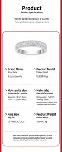 Spécifications techniques détaillées et tableau des tailles pour bague Moissanite S925