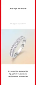 Vue détaillée d'une bague en argent 925 avec de magnifiques pierres de moissanite brillantes.