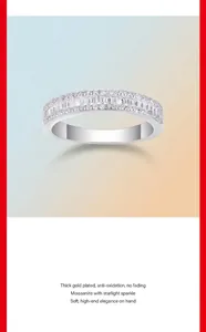 Élégante bague en argent S925 avec moissanite, tailles baguette et rondes brillantes