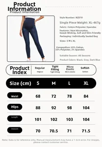 Size chart for high-waisted maternity skinny denim jeans in dark blue.