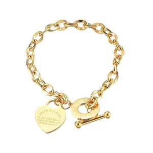 Elegant 18k gold plated titanium steel chain bracelet with heart charm engraving