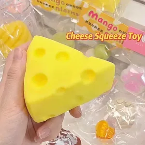 Detailed view of a yellow cheese shaped squishy toy for stress relief and sensory play