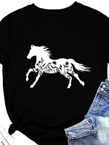 T-shirt Décontracté en Coton pour Femme avec Imprimé Cheval Fleurs Sauvages Col Rond Manches Courtes Coupe Ample Hauts d'Été