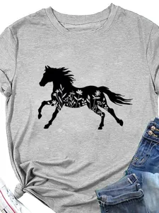 T-shirt gris décontracté pour femme avec imprimé silhouette cheval de fleurs.