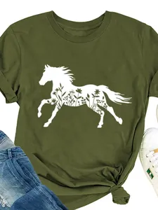 T-shirt décontracté vert olive pour femme avec imprimé silhouette de cheval