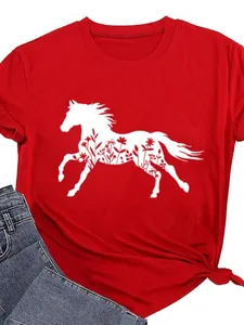 T-shirt rouge pour femme avec imprimé cheval à fleurs sauvages et col rond décontracté.