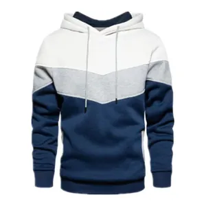 Casual men's color-blocked hooded sweatshirt with white grey and blue chevron pattern